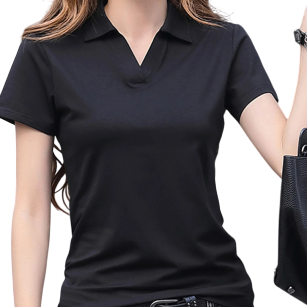 Damen Poloshirt mit kurzen Ärmeln Einfarbiges Design V-Ausschnitt mit Kragen Polyesteroberteil für leichtes Alltagstragen schwarz XXL