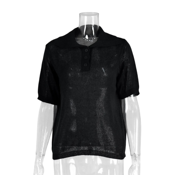 Damen Poloshirt mit kurzen Ärmeln Einfarbiges Design V-Ausschnitt mit Kragen und Knöpfen Baumwolle mit Polyester schwarz S