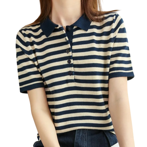 Damen Poloshirt mit kurzen Ärmeln Gestreiftes Design V-Ausschnitt mit Kragen und Knöpfen Baumwoll Sommeroberteil blau S