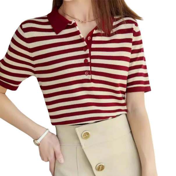 Damen Poloshirt mit kurzen Ärmeln Gestreiftes Design V-Ausschnitt mit Kragen und Knöpfen Baumwoll Sommeroberteil rot S