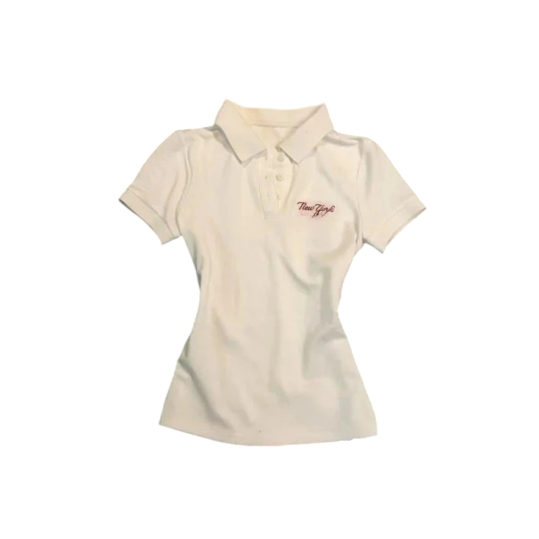 Damen Poloshirt mit kurzen Ärmeln Weiß mit Aufdruck New York V-Ausschnitt mit Kragen und Knöpfen Baumwolle mit Polyester urbanes Top L