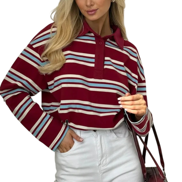 Damen Poloshirt mit langen Ärmeln Gestreiftes Design V-Ausschnitt mit Kragen und Knöpfen Baumwolle mit Spandex rot S
