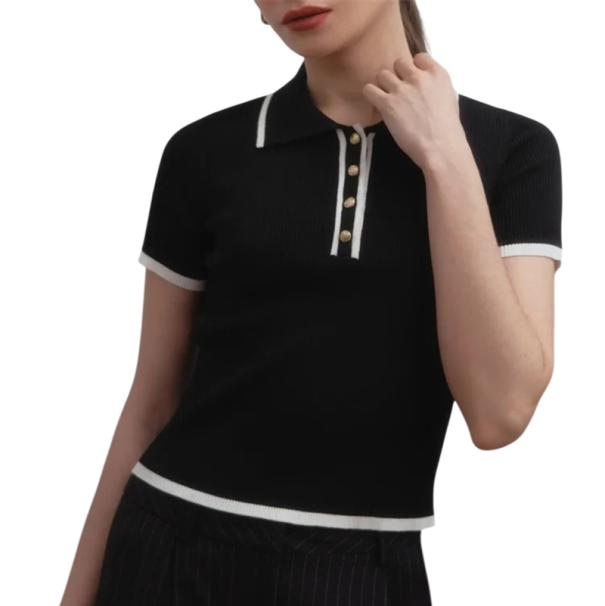 Damen Poloshirt V-Ausschnitt Kurzarm Kragen Knöpfe Einfarbig Polyester Bequem Sommerlich Elegant Casual Top schwarz S