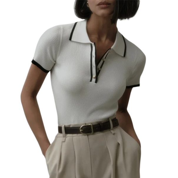 Damen Poloshirt V-Ausschnitt Kurzarm Kragen Knöpfe Einfarbig Polyester Bequem Sommerlich Elegant Casual Top weiß M