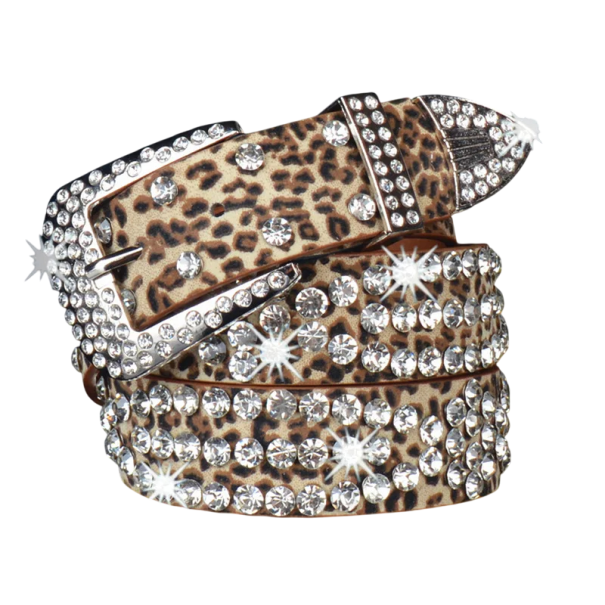 Damen Punk Gürtel 110 x 3,3 cm PU Leder Nieten und glitzernde Strasssteine Stylischer Gürtel Rockiges Accessoire für Hosen, Kleider und Röcke braun