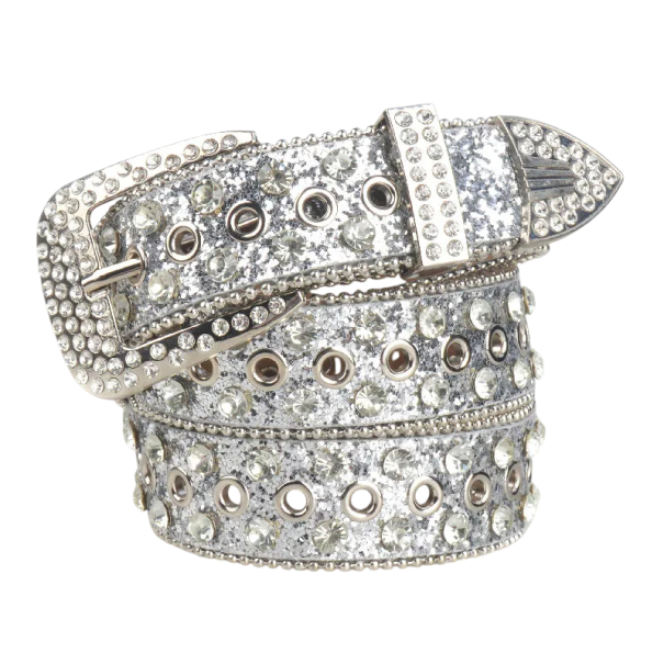 Damen Punk Gürtel 110 x 3,3 cm PU Leder Stylischer Gürtel mit Nieten und glitzernden Schmucksteinen Modisches Rock-Accessoire für Hosen und Kleider silbern