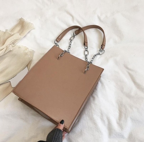 Damen rechteckige Umhängetasche Handtasche mit Griffen und Metallketten Kunstleder PU Minimalistisches flaches Design 25 x 28 x 10 cm khaki 2