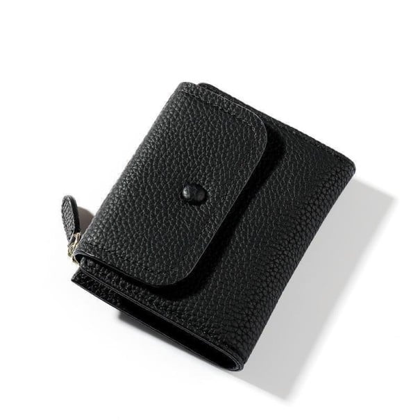 Damen Reise Mini Geldbörse mit genarbter Oberfläche Druckknopfklappe Reißverschluss mit Schlaufe PU Leder und Polyester Maße 11,5 x 9,3 x 2,7 schwarz