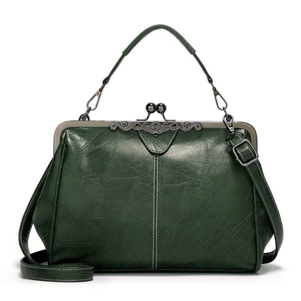 Damen Retro Handtasche aus PU-Leder mit dekorativem Metallrahmen Verschluss mit Kugeln Kurzes Griff zum Tragen in der Hand Verstellbarer dunkelgrün