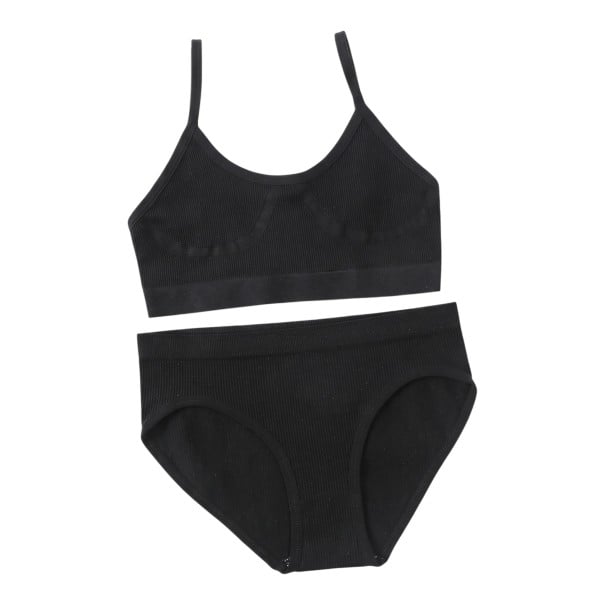 Damen Rib Set Unterwäsche Bralette-BH ohne Bügel mit dünnen Trägern und klassische Unterhose mit niedrigem Bund schwarz M