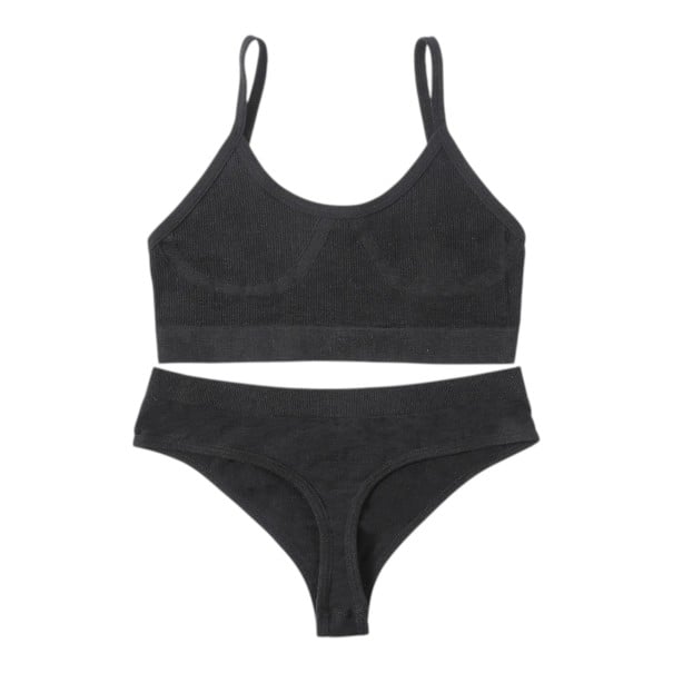 Damen Rippen Set Unterwäsche Bralette BH ohne Bügel mit elastischem Saum und Tanga mit breitem Bund schwarz M