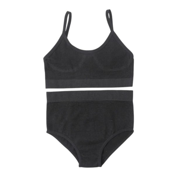 Damen Rippen Set Unterwäsche mit hohen Taillenslip und Bralette-BH ohne Bügel mit elastischem Saum schwarz M