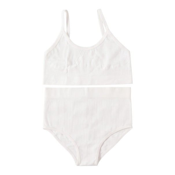 Damen Rippen Set Unterwäsche mit hohen Taillenslip und Bralette-BH ohne Bügel mit elastischem Saum weiß M