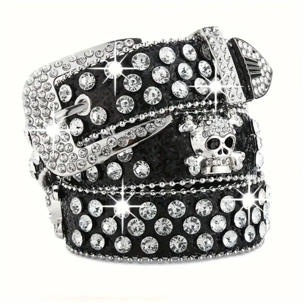 Damen Rockgürtel mit Totenkopf und Edelsteinen PU Leder 110 cm Stylischer Gürtel mit Metalltotenkopf Glänzende Steine Modeaccessoire Punk Goth schwarz