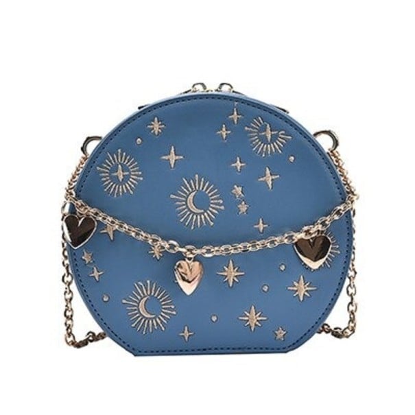 Damen runde Crossbody-Handtasche mit goldenen Motiven von Sternen und Mond Dekorativer Kettenriemen mit Herzen Goldener Kettenriemen PU-Leder blau
