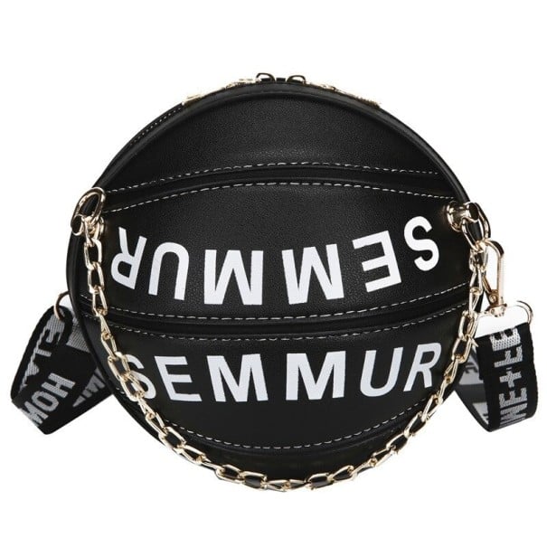 Damen runde Handtasche 20 x 19 cm In Form eines Basketballs Mit breitem Schultergurt und dekorativer Kette Auffälliger Schriftzug schwarz