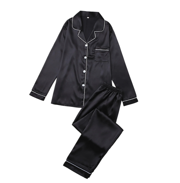 Damen Samt Pyjama mit Kragen und Tasche Einfarbiger Set mit langen Ärmeln und Hosen aus Polyester und Spandex in verschiedenen Farben schwarz S