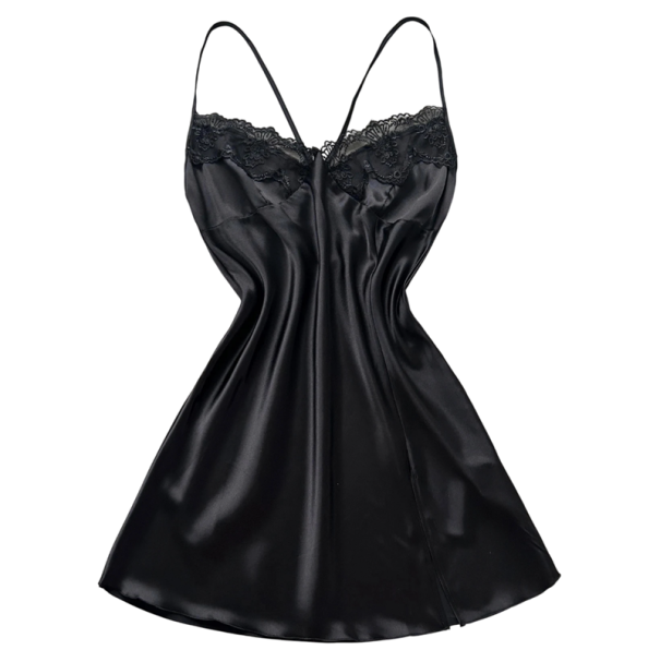Damen Satin Nachthemd mit Spitze Elegantes einfarbiges Nachthemd mit V-Ausschnitt Luxuriöse Nachtwäsche aus leichtem Polyester Verschiedene Farben schwarz S