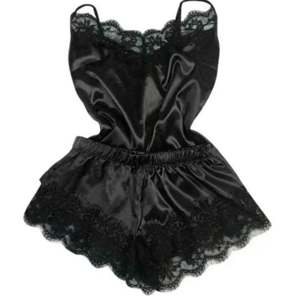 Damen Satin Pyjama mit Spitzenrand Top mit V-Ausschnitt und Shorts Einfarbiges elegantes Set aus Polyester Verschiedene Farben schwarz S