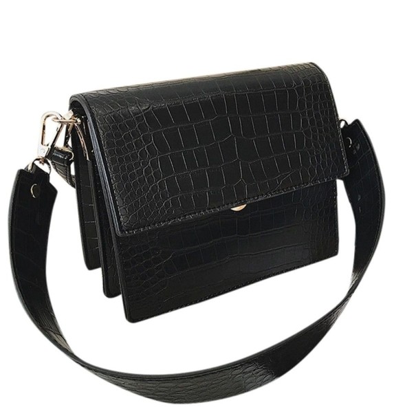 Damen schwarze Crossbody-Handtasche mit Klappe Schlangenlederrelief Breiter abnehmbarer Schulterriemen Goldene Karabiner 19 x 15 x 10 cm 1