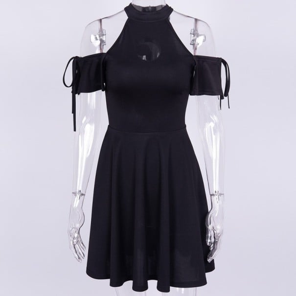 Damen schwarze gotische Mini-Kleid mit entblößten Schultern und Stehkragen Halbmondförmiger Ausschnitt Ärmel mit Schnürungen Baumwolle mit Spandex M