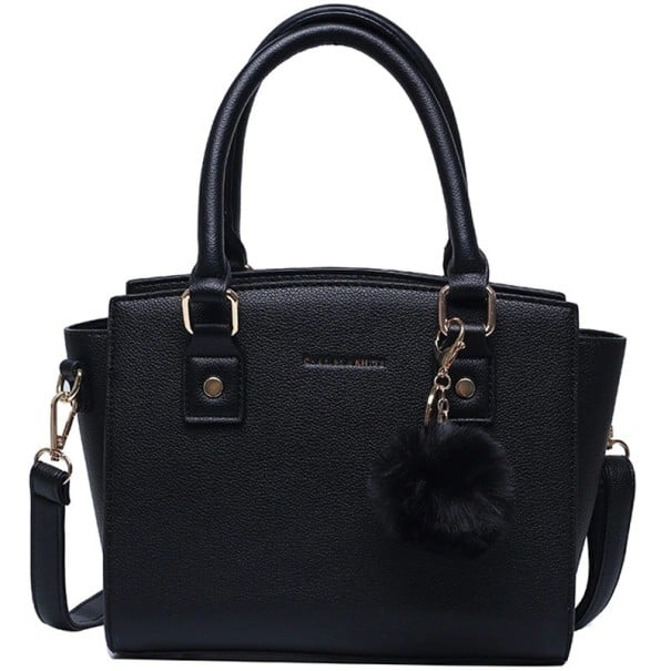 Damen schwarze Handtasche und Schultertasche Tasche mit erweiterten Seiten und dekorativem Pompon Kunstleder PU Abnehmbarer Riemen 30 x 20 x 11 cm 1