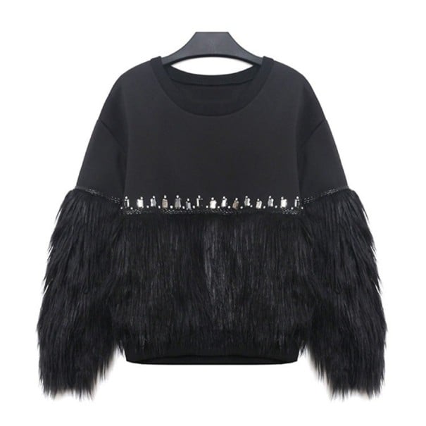 Damen schwarzer Hoodie mit langen, flauschigen Fransen an den Ärmeln und am unteren Teil Dekorativer Streifen aus Steinen Rundhalsausschnitt Polyester 1