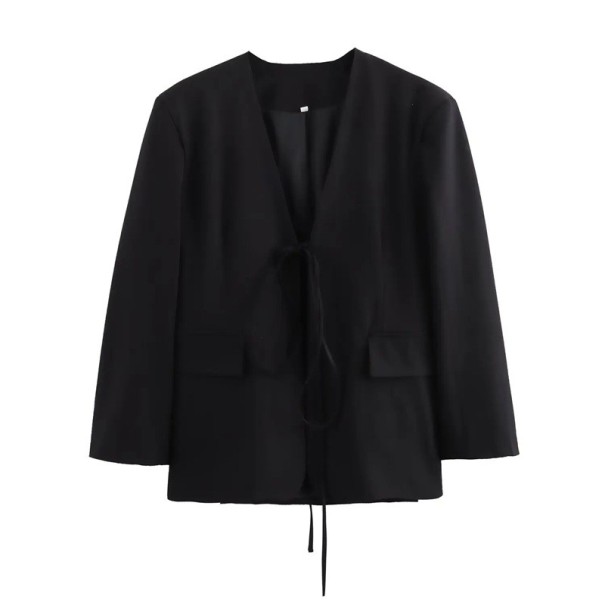 Damen schwarzes elegantes Sakko mit V-Ausschnitt und Bindeband Einfarbiges stilvolles Sakko aus Polyester für Büro und Freizeit L