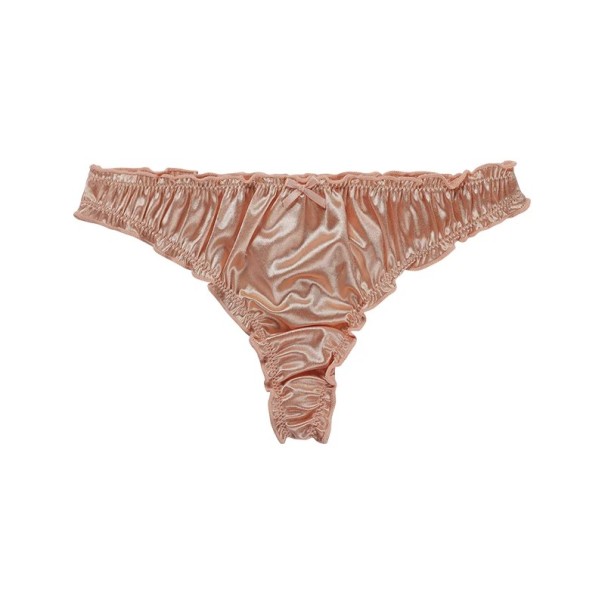 Damen Seiden Tanga mit Schleife und gerafften Kanten glatte glänzende Unterwäsche für den täglichen Gebrauch altrosa M