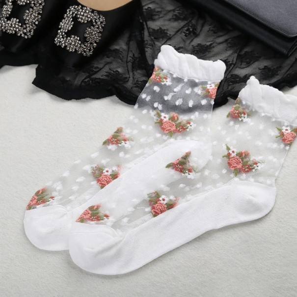 Damen-Seidensocken mit Blumen weiß