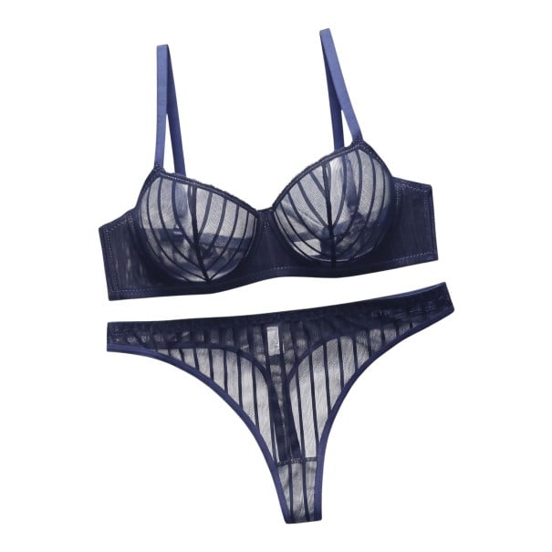 Damen-Set aus transparenter Netzware mit Streifen, Bügel-BH und ungepolsterten Cups sowie Tanga mit breitem Bund blau S