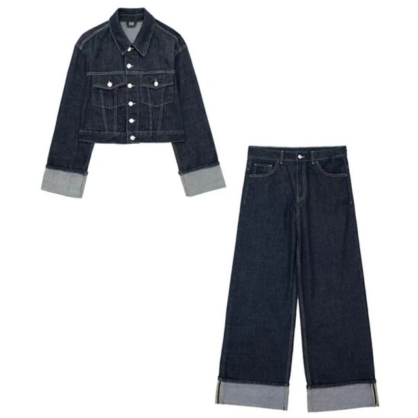 Damen Set Jeansjacke und Hose Zweiteiliges Set Kurze Jacke Weite Hose Umschlagmanschetten Knopfverschluss Dunkelblau Für den Alltag XS