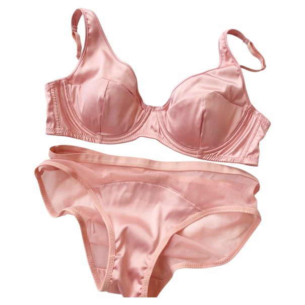 Damen Set Unterwäsche mit glänzendem Satin-Look, BH mit Bügeln und Nähten an den Cups und Slips mit Netz-Seiten rosa S