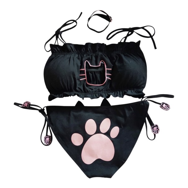 Damen Set Unterwäsche mit Katzenmotiv Bandeau-BH mit Ausschnitt und Slips mit Pfoten zum Binden Einheitsgröße schwarz