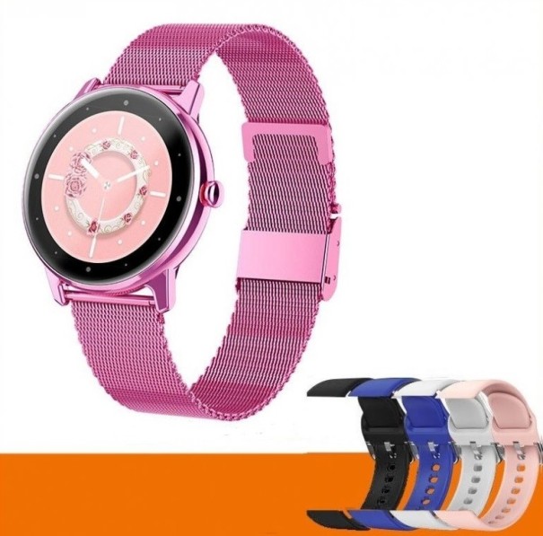 Damen-Smartwatch mit 4 austauschbaren Armbändern rosa