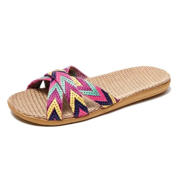 Damen Sommer-Slipper im Boho-Stil mit bunten Flechtriemen Bequeme flache Sohle Leichte Schuhe für drinnen und draußen Edler Ethno-Look lila 37-38