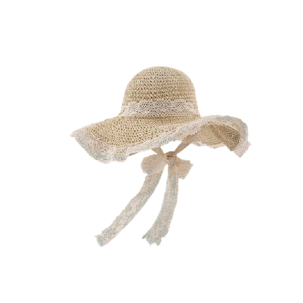 Damen Sommer Strohhut mit breiter Krempe Sonnenschutz Eleganter Hut mit Band zum Binden unter dem Kinn beige