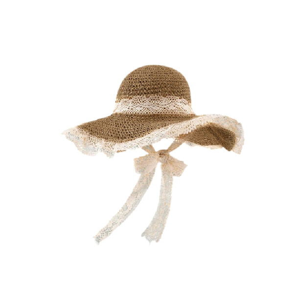 Damen Sommer Strohhut mit breiter Krempe Sonnenschutz Eleganter Hut mit Band zum Binden unter dem Kinn braun