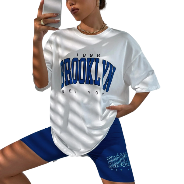 Damen Sommerpyjama mit kurzen Ärmeln und Shorts Einfarbiger Set mit Aufdruck Brooklyn aus Polyester und Spandex in verschiedenen Farben blau XL