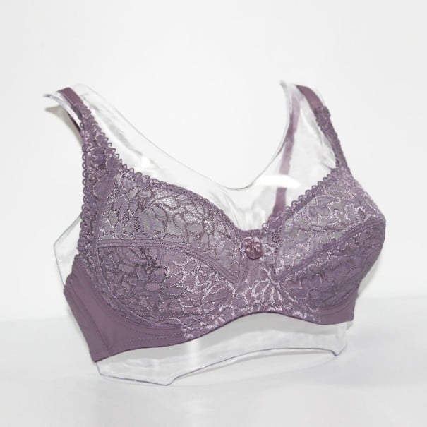 Damen Spitzen-BH mit Schleife Vollspitzen-Körbchen mit Blumenmuster Wellenförmiger Saum Glatter Unterband Polyester und Elasthan hellviolett 100C