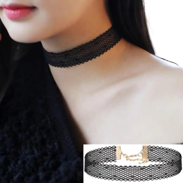Damen Spitzen Choker mit Verschluss Halskette aus Edelstahl und Zinklegierung schwarzes minimalistisches Accessoire für den Hals 1