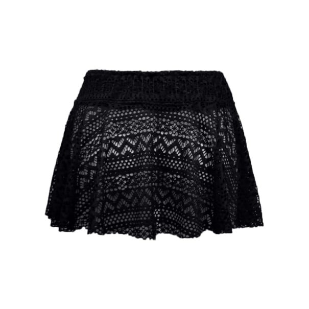 Damen Spitzen Minirock mit breitem Bund Ausgestellter A-Linien Schnitt Geometrisches Lochmuster Elastisches Material Nylon und Spandex schwarz S