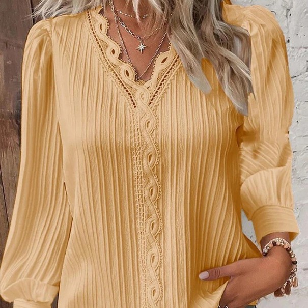 Damen Spitzen-Steppbluse mit V-Ausschnitt Leichtes elegantes Langarmshirt Zarte Details Ideal für gesellschaftliche Anlässe gelb XL