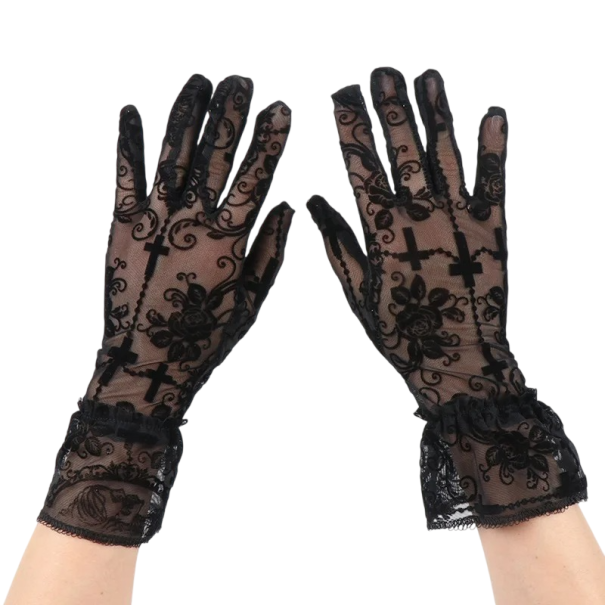 Damen Spitzenhandschuhe vollfingerig atmungsaktiv 23 cm Elasthan Polyester schwarz elegante kurze Handschuhe für gesellschaftliche Anlässe 1