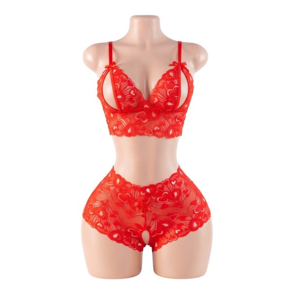 Damen Spitzenunterwäsche Set offene BH mit Ausschnitten und Schleifen und transparente Panties mit offenem Schritt rot S