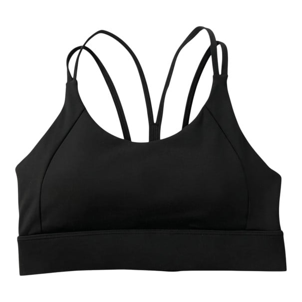 Damen Sport-BH mit doppelten dünnen Trägern, die sich am Rücken kreuzen, mit Polstern und Hakenverschluss für Yoga und Fitness schwarz S