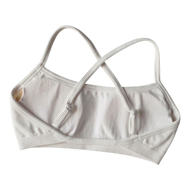 Damen Sport-BH mit dünnen, gekreuzten Trägern und offenen Rücken mit Polstern und elastischem Saum für Yoga und Fitness weiß S
