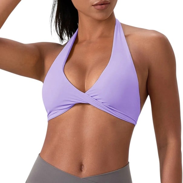 Damen Sport-BH mit Nackenverschluss und überkreuztem Vorderteil sowie tiefem V-Ausschnitt und offenen Rücken für Yoga, Pilates und Fitness lila M