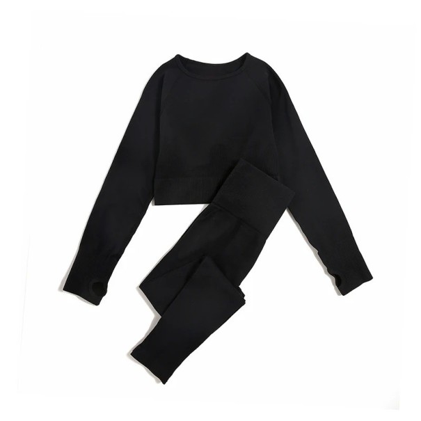 Damen Sportanzug Leggings und Langarmshirt Einfarbiger Fitnessanzug aus Nylon schwarz S