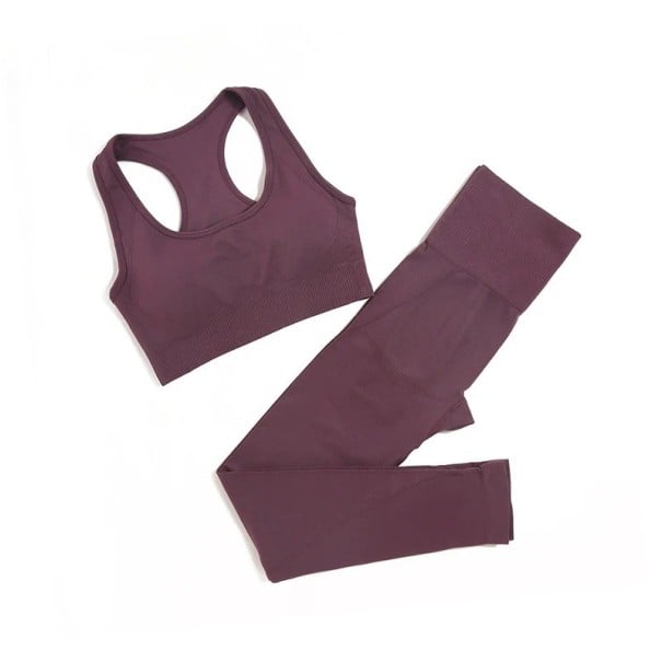 Damen Sportanzug Leggings und Sport-BH Einfarbiger Fitnessanzug aus Nylon burgunderrot L